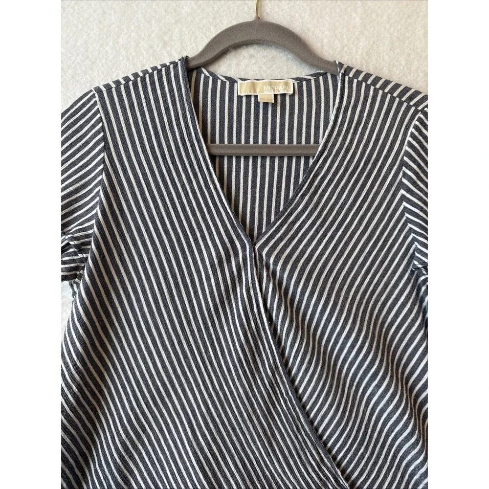 Michael Kors Blue White Striped Ruffle Flutter Sleeve Wrap Bubble Top S Nautical